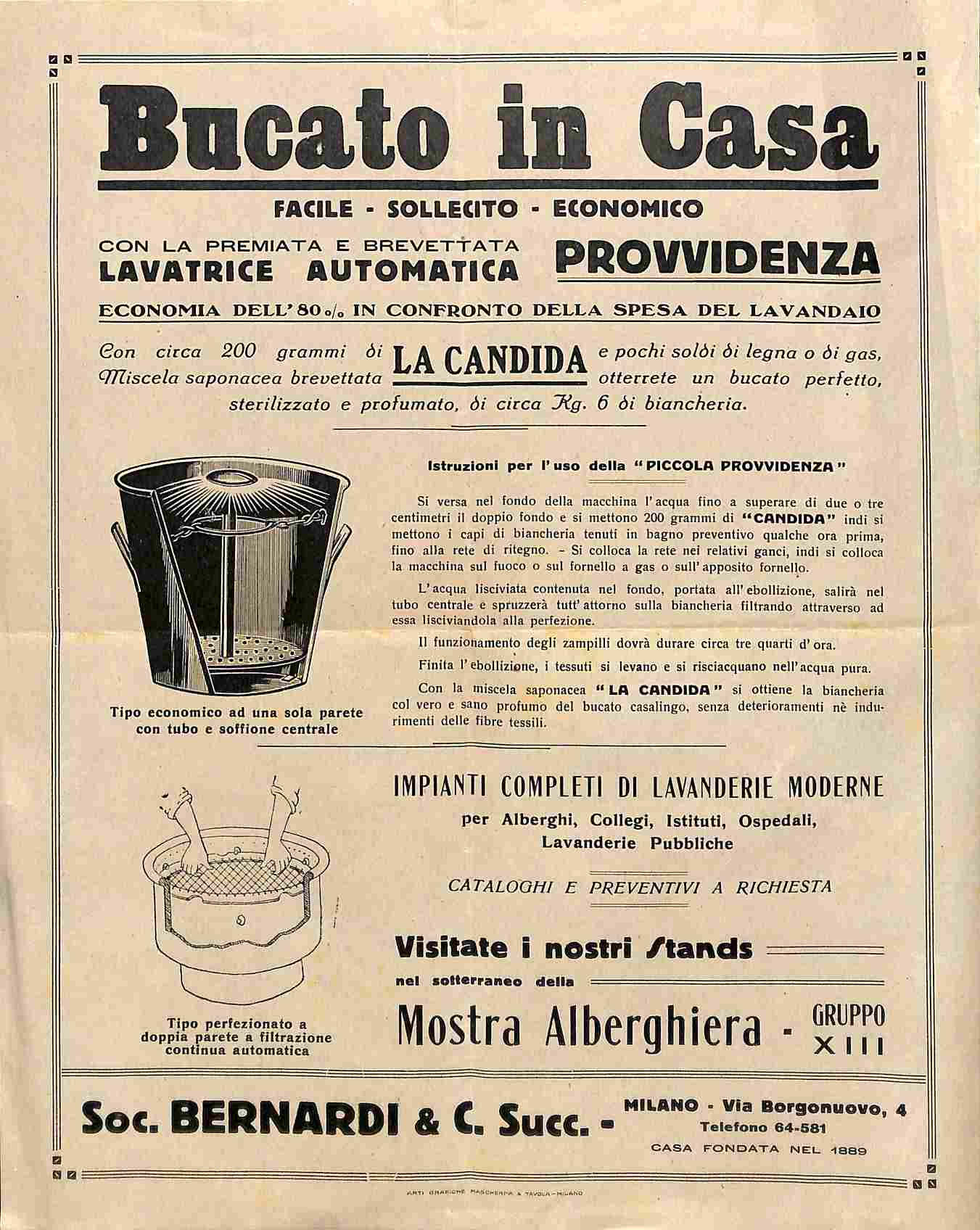 Bucato in casa facile, sollecito, economico con la premiata e brevettata lavatrice automatica Provvidenza (foglio pubblicitario)